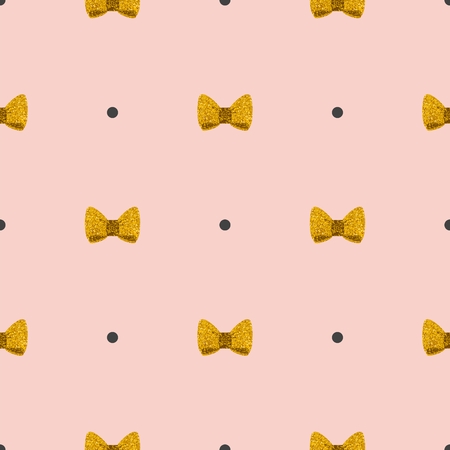 Tile vector pattern with golden bows on a pastel pink background with polka dotsのイラスト素材