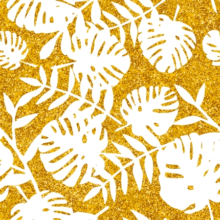 Tile tropical vector pattern with white exotic leaves on golden backgroundのイラスト素材
