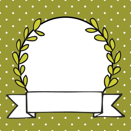Laurel wreath decorative frame with white polka dots on green backgroundのイラスト素材