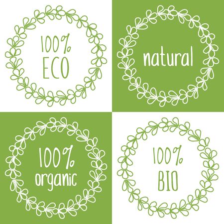 Eco floral wreath vector sign set isolated on white and green backgroundのイラスト素材