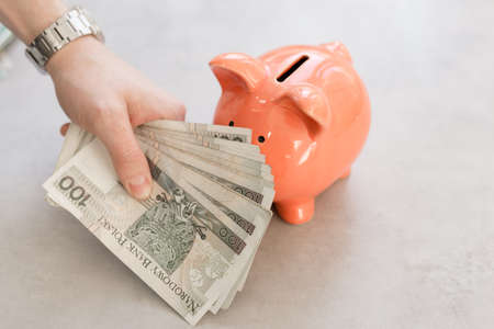 Rich man from Poland. Hand with big silver watch showing a lot of polish money in front of a piggy bank.の写真素材