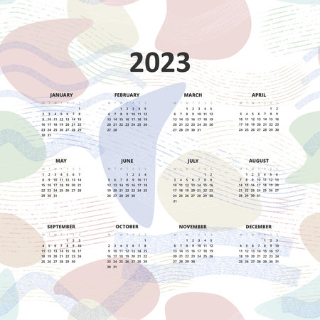 Calendar for 2023. Week starts on Monday. Hand drawn pattern. Vector illustration.のイラスト素材
