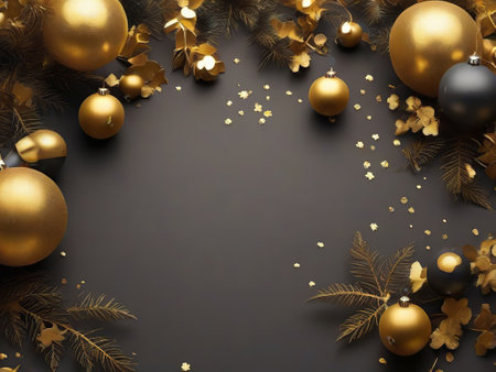 Christmas or New Year background with golden baubles and fir branches. 3d renderの素材