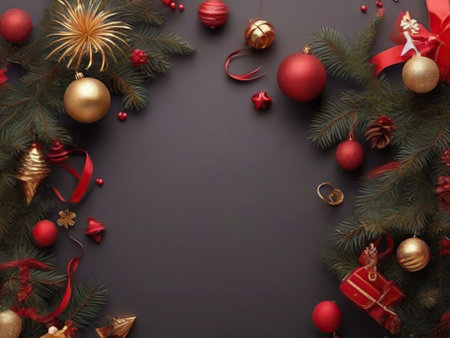 Christmas background with fir branches and decorations. Top view with copy spaceの素材