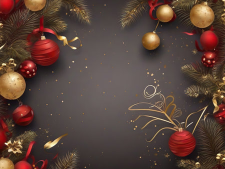 Christmas and New Year background with fir branches, red balls and decorations. Top view with copy spaceの素材