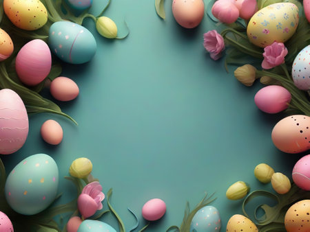 Easter eggs and tulips on green background. Top view with copy spaceの素材