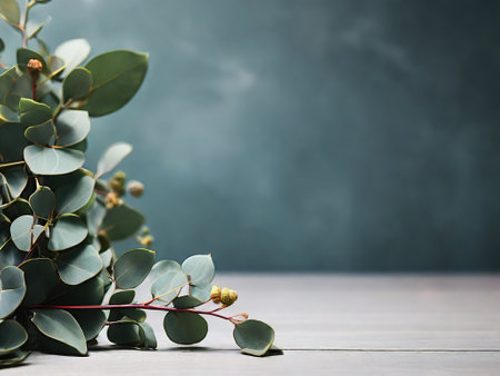 Eucalyptus branches with green leaves on wooden background.の素材