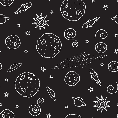 Vector Black and white space Doodle seamless pattern.のイラスト素材