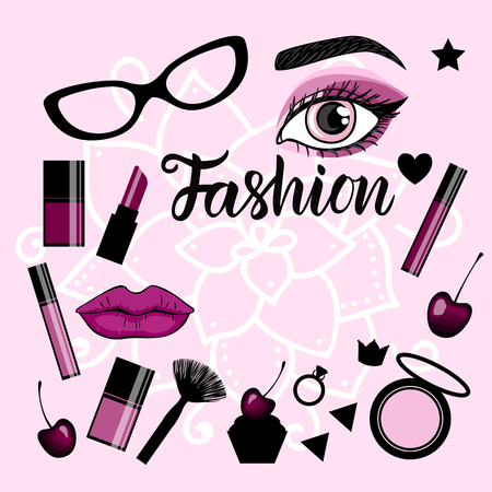 Fashion banner with a set of illustrations make up sign.のイラスト素材
