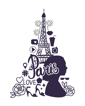 Vector Shopping in Paris. Eiffel Tower hand drawing.のイラスト素材