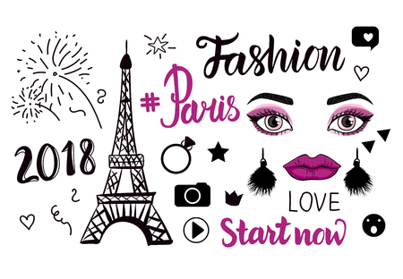 Vector Paris Fashion symbols. Hand drawing Eiffel tower and inscriptions lettering isolated on white background.のイラスト素材