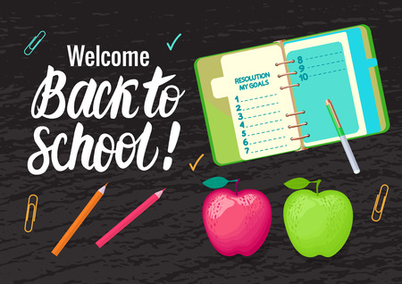 Vector card Welcome Back to school . Lettering inscription and school symbols on black chalk board wide background.のイラスト素材