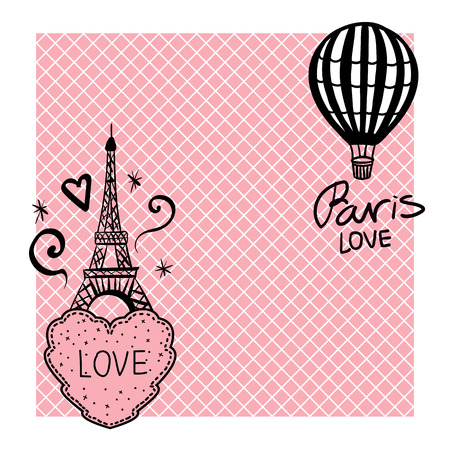 Vector Card of hearts hand draw and the Eiffel tower and Balloon.のイラスト素材