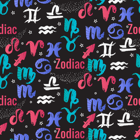 Vector Bright horoscope seamless pattern. Signs of the zodiac hand drawing.の写真素材