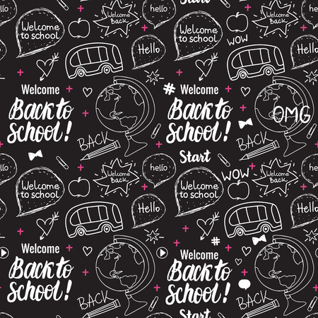 Welcome Back to school seamless pattern. Vector hand draw set elements on black chalk board.のイラスト素材