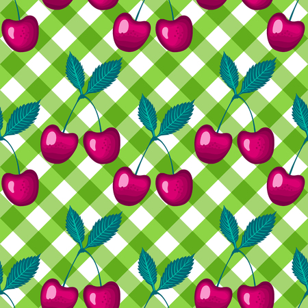 Vector Cherry berry on green a checkered vichy background Seamless pattern.のイラスト素材