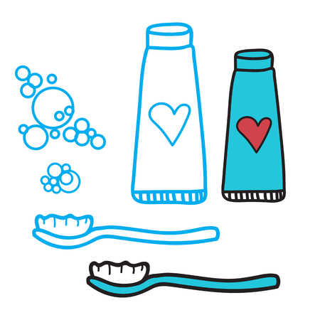 Cleaning teeth set of toothpaste and toothbrush. Concept for childrens dentistry symbols. Vector illustration isolated.のイラスト素材