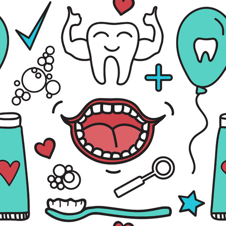 Vector Dental care seamless pattern. Set Symbols for kids in cartoon style.のイラスト素材