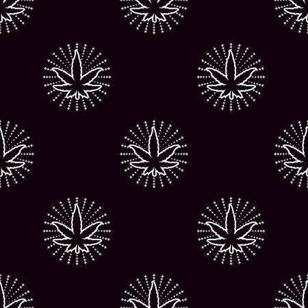 Vector seamless pattern. Sheet of cannabis with ornate rays on a black background. Dark style old school.のイラスト素材