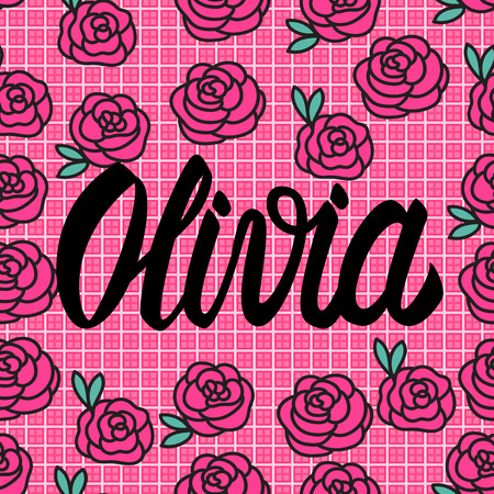 Olivia Name card with lovely pink roses. Vector illustration.のイラスト素材