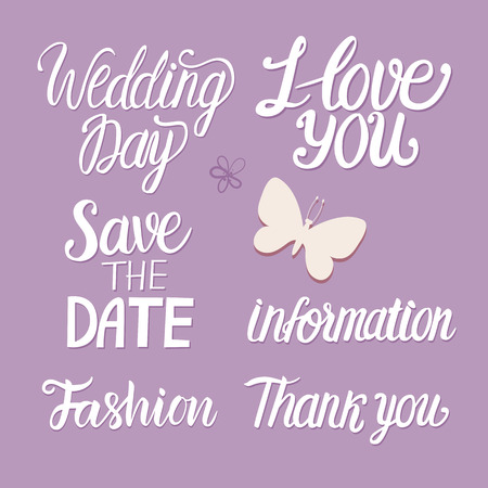 Vector Wedding Day design. Set white inscription lettering calligraphy isolated on trend color lavender background.のイラスト素材