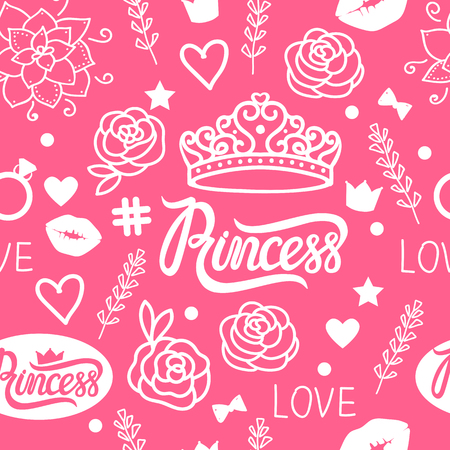 Vector Seamless pattern of design elements for girls. Hand drawing. Princess styleのイラスト素材