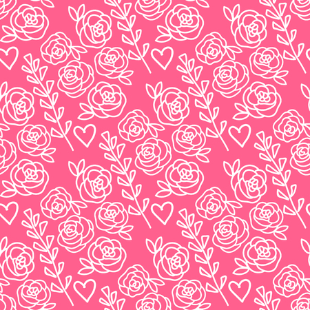 Roses and lavender flowers hand drawn seamless pattern. Pink isolated on white background.のイラスト素材