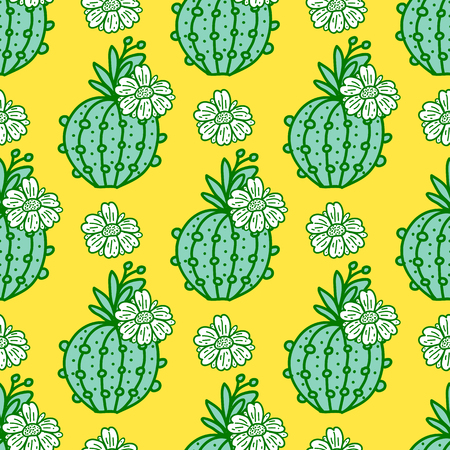 Cute hand-drawn seamless pattern cactus with flowers. Vector illustration isolated on yellow backgroundのイラスト素材