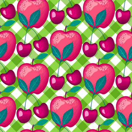 Cherries berries on green checkered hearts. Summer lettring. Vector seamless pattern isolated on white background.のイラスト素材