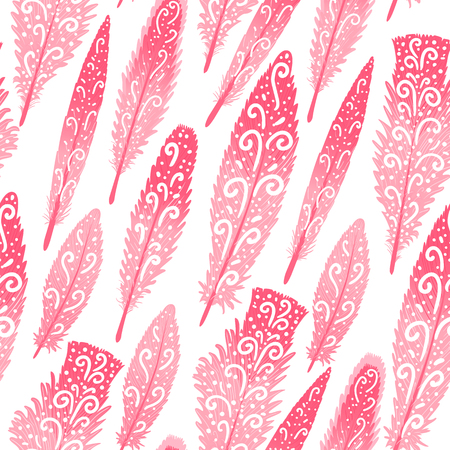 Flamingo feather pink hand drawn swirls. Seamless pattern. Vector illustration isolated on white.のイラスト素材