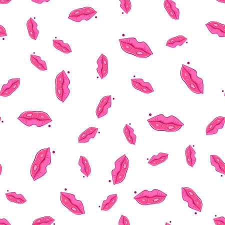 Kiss pink lips seamless pattern. Vector illustration isolated on white background.のイラスト素材