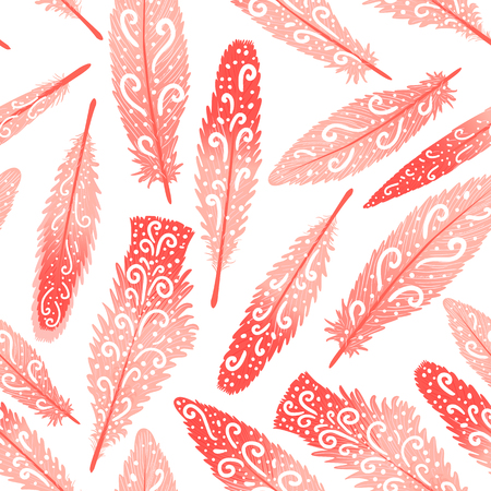 Flamingo feather brigth colorful hand drawn swirls. Seamless pattern. Vector illustration isolated on white background.のイラスト素材
