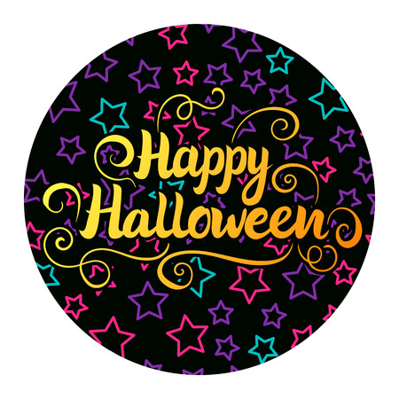 Happy Halloween Lettering sign. Vector illustration on black round sticker background with kids star.のイラスト素材
