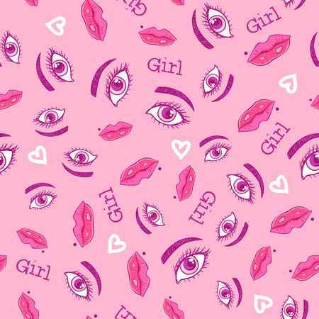 Girly eyes and lips seamless pattern. Vector illustration isolated on modern pink background.のイラスト素材