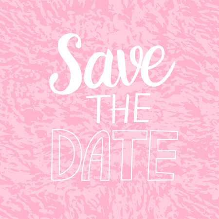 Save THE DATE card. Vector inscription lettering calligraphy white isolated on pink textured background.のイラスト素材