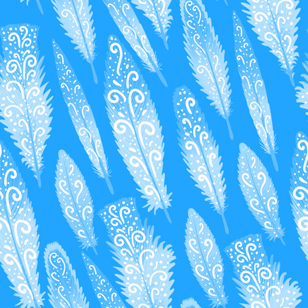 Winter seamless pattern. Feather with curls hand drawing. Vector white illustration isolated on blue background.のイラスト素材