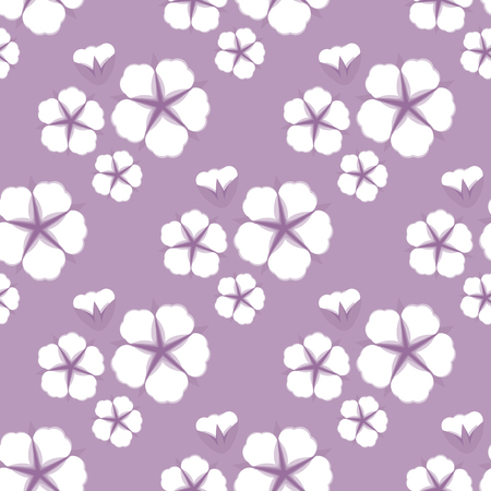 Cotton flower Seamless pattern. Flat style on cute lilac background. Vector illustration.の写真素材
