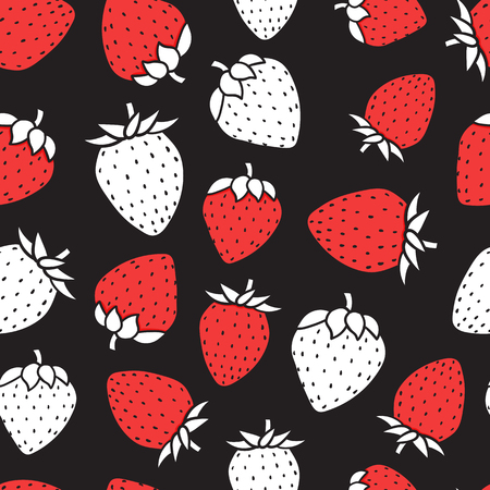 Fashion illustration of a red and white strawberry seamless pattern. Hand drawing doodle black sketch. Vector illustration on dark background.のイラスト素材
