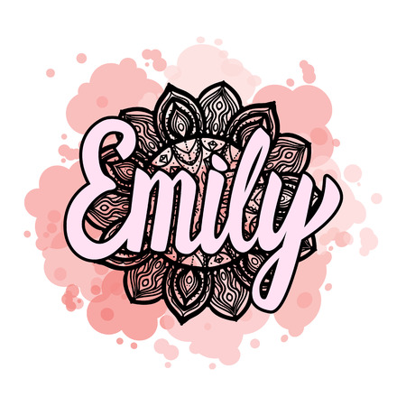 Lettering Female name Emily on bohemian handmade frame mandala pattern and trend color stained. Vector illustration fashion style print isolated on white background.のイラスト素材