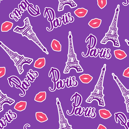 Bright design print fabric. Seamless pattern. Illustration purple ink Eiffel Tower and kiss lips. Abstract ornament with sticker hand drawing. Vector illustration is isolated on a purple backgroundのイラスト素材
