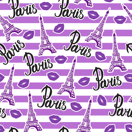 Bright design print fabric. Seamless pattern. Illustration purple ink Eiffel Tower and kiss lips. Abstract ornament hand drawing. Vector illustration is isolated on a purple stripedのイラスト素材