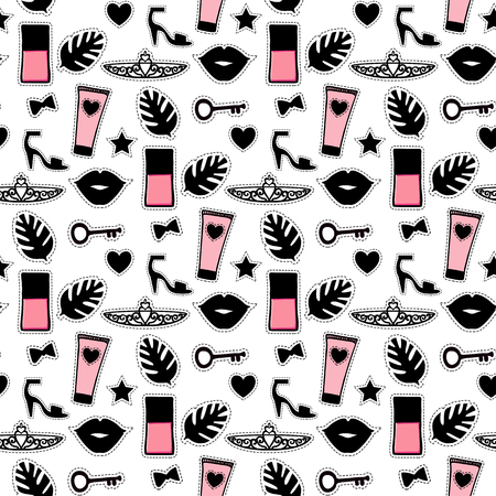 Seamless pattern fashion style. Set mini black sign beauty makeup. Abstract cosmetic bottles and princess tiara, shoe hand drawing. Vector illustration is isolated on a white background.のイラスト素材