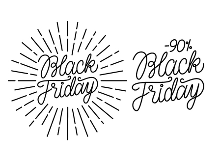 Black Friday line lettering handwritten text. with vintage rays. Vector illustration isolated on white background.のイラスト素材