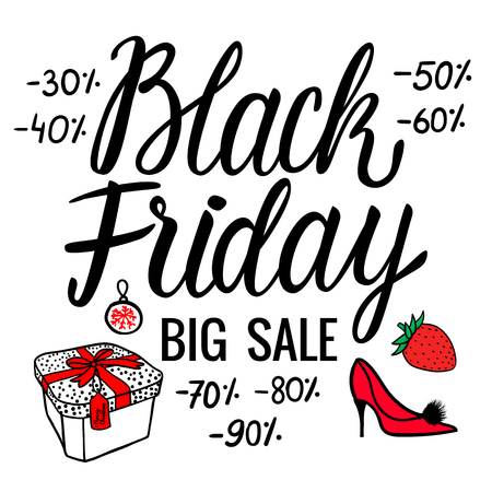 Black Friday Big Sale Lettering inscription pink card. Vector illustration isolated on white background. Cute girl design Gift box fashion.のイラスト素材