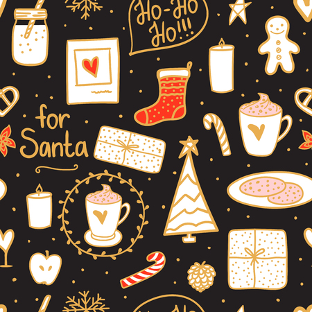 Night Merry Christmas seamless pattern. Holidays mood set: sock, gift, tree, candles, jar of milk, a cup cocoa and cookies for Santa. Hand drawn on dark backgroundのイラスト素材