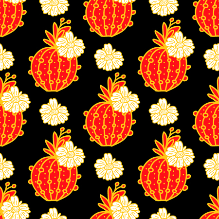 Vector round cactus with flower hand drawn seamless pattern. Gold line with red on a black background. Chinese New Year palette.のイラスト素材