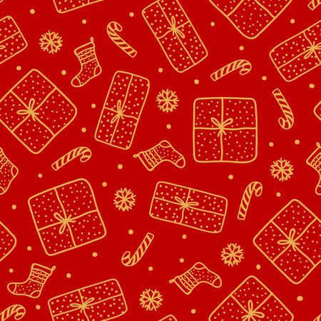 Cute gold Christmas seamles pattern. Handdrawn Gift box and santa sock, candy cane isolated on red background. Design texture holiday.のイラスト素材