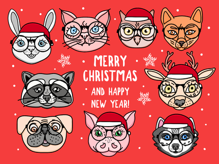 Red card Merry Christmas Set Cute animals heads isolated on red. Holiday design characters with glasses Vector hand drawnのイラスト素材