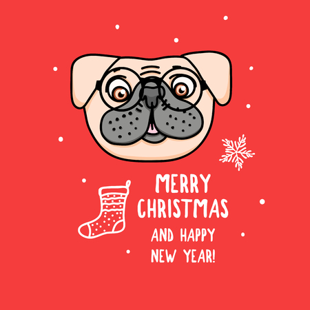 Vector French Bulldog character with glasses. Merry Christmas. Card with cute dog head isolated on red. Holiday hand drawn designのイラスト素材