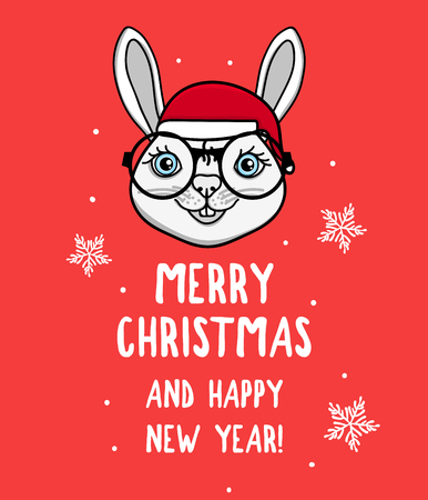 Vector Hare character with glasses. Merry Christmas. Card with cute animal head isolated on red. Holiday hand drawn designのイラスト素材